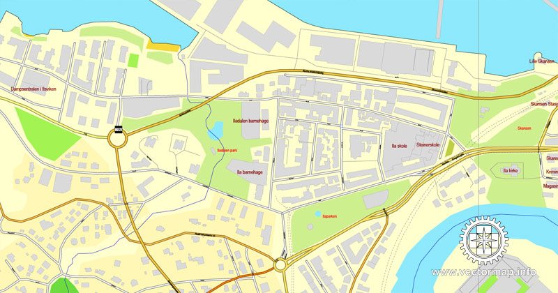 Vector Map Trondheim, Norway, printable vector street map, City Plan full editable, Adobe Illustrator, Royalty free, full vector, scalable, editable, text format street names, 5,7 mb ZIP ALL streets, All Buildings.