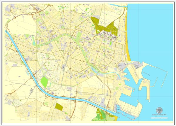 Vector Map Valencia, Spain, printable vector street map, City Plan V.2, full editable, Adobe Illustrator, Royalty free, full vector, scalable, editable, text format street names, 3,3 mb ZIP All streets, some more buildings.