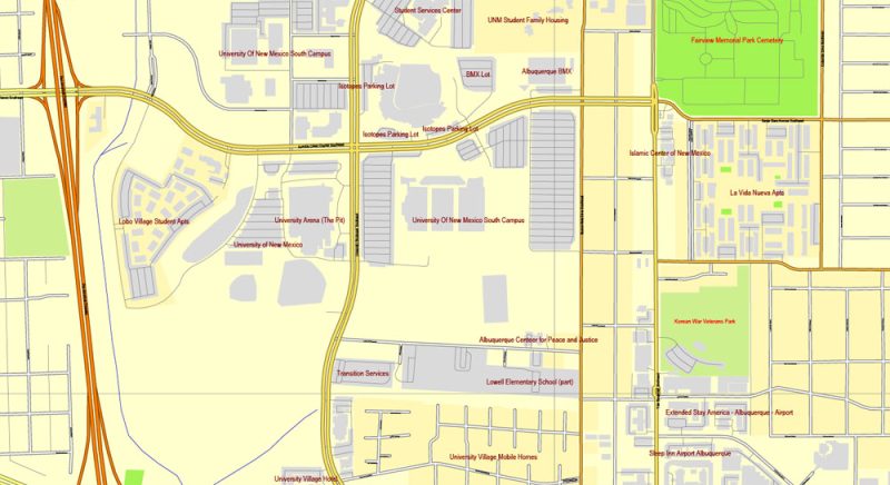 Vector Map Albuquerque, New Mexico, US, exact map: Printable City Plan Map, Adobe Illustrator, full vector, scalable, editable, separated text layer street names, 10 mb ZIP
