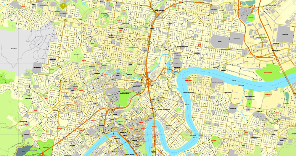 Vector Map Brisbane, Australia, printable vector street City Plan map V3-2016.08, full editable, Adobe Illustrator, full vector, scalable, editable, text format street names, 16 mb ZIP