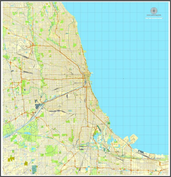 Chicago, Illinois, US, printable exact vector map in Adobe PDF ...