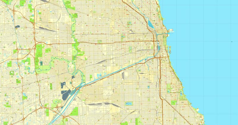 Vector Map Chicago, Illinois, US, vector map Adobe Illustrator editable City Plan V3-2016.08, full vector, scalable, editable, text format street names, 29 mb ZIP