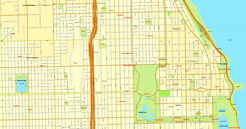 Vector Map Chicago, Illinois, US, vector map Adobe Illustrator editable City Plan V3-2016.08, full vector, scalable, editable, text format street names, 29 mb ZIP