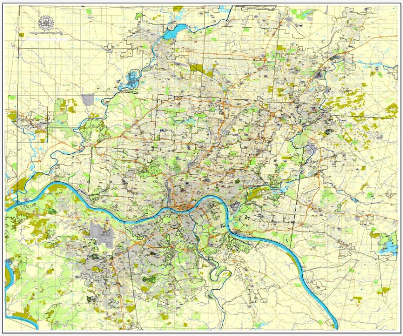 Vector Map Cincinnati, Ohio, US, vector map Adobe Illustrator editable City Plan V3-2016.08, full vector, scalable, printable, text format street names, 33 mb ZIP