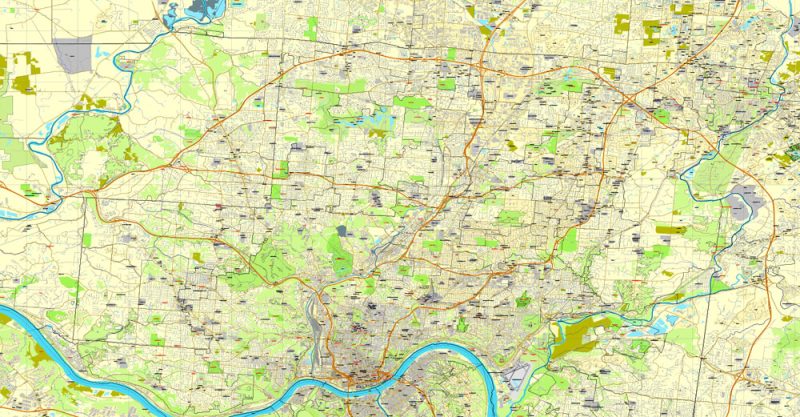 Vector Map Cincinnati, Ohio, US, vector map Adobe Illustrator editable City Plan V3-2016.08, full vector, scalable, printable, text format street names, 33 mb ZIP