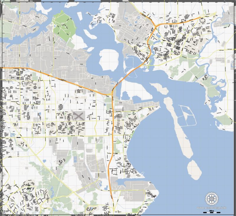 Vector Map La Porte + Baytown, Texas, US, printable vector street G-View map level 15, full editable, Adobe Illustrator, full vector, scalable, editable, text format street names, 5 mb ZIP