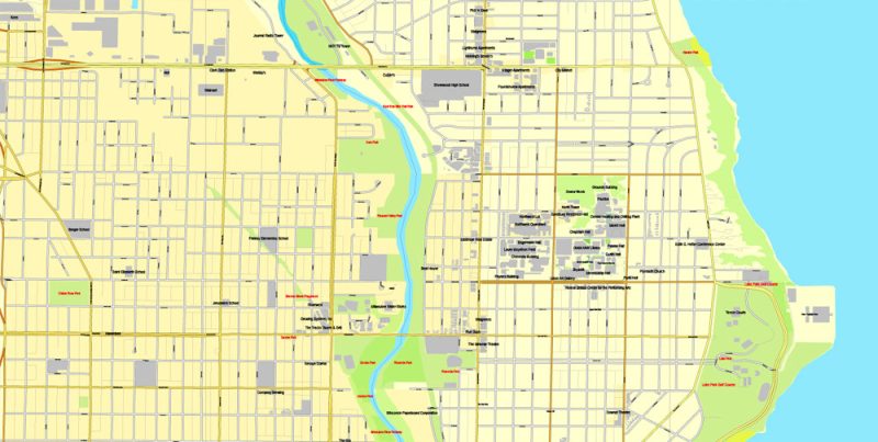 Vector Map Milwaukee, Wisconsin, US, vector map Adobe Illustrator editable City Plan V3-2016.08, full vector, scalable, printable, text format street names, 12 mb ZIP