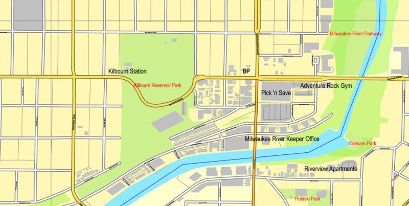 Vector Map Milwaukee, Wisconsin, US, vector map Adobe Illustrator editable City Plan V3-2016.08, full vector, scalable, printable, text format street names, 12 mb ZIP