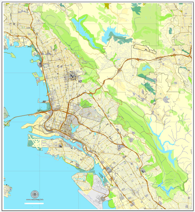 Vector Map Oakland + Berkeley, California, US, vector map Adobe Illustrator editable City Plan V5-2016.08, full vector, scalable, printable, text format street names, 10 mb ZIP