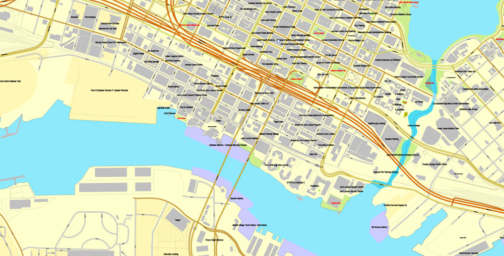 Vector Map Oakland + Berkeley, California, US, vector map Adobe Illustrator editable City Plan V5-2016.08, full vector, scalable, printable, text format street names, 10 mb ZIP