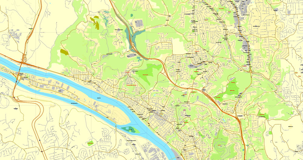 Vector Map Pittsburgh, Pennsylvania, US, vector map Adobe Illustrator editable City Plan V3-2016.07, full vector, scalable, editable, text format street names, 23 mb ZIP