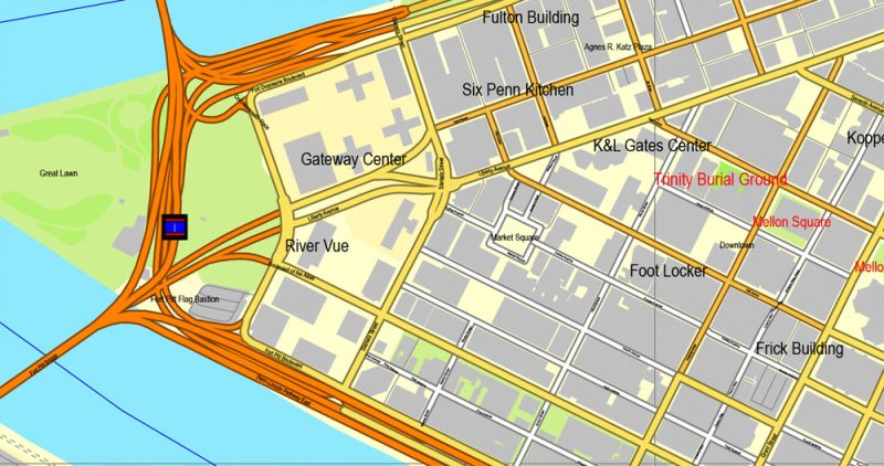 Vector Map Pittsburgh, Pennsylvania, US, vector map Adobe Illustrator editable City Plan V3-2016.07, full vector, scalable, editable, text format street names, 23 mb ZIP
