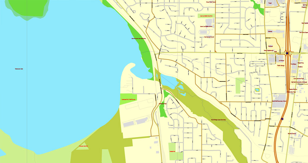 Vector Map Portland, Oregon + Vancouver, Washington, US, vector map Adobe Illustrator editable 4 parts City Plan V3-2016.08, full vector, scalable, editable, text format street names, 76 mb ZIP