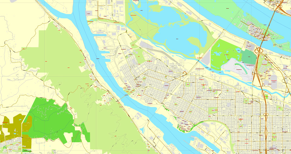 Vector Map Portland, Oregon + Vancouver, Washington, US, vector map Adobe Illustrator editable 4 parts City Plan V3-2016.08, full vector, scalable, editable, text format street names, 76 mb ZIP