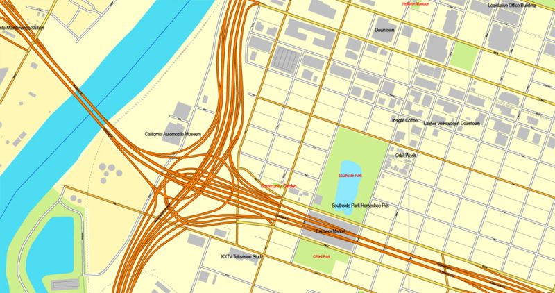 Sacramento, California, US, printable vector map street City Plan V.3.08.2016 full editable, Adobe Illustrator