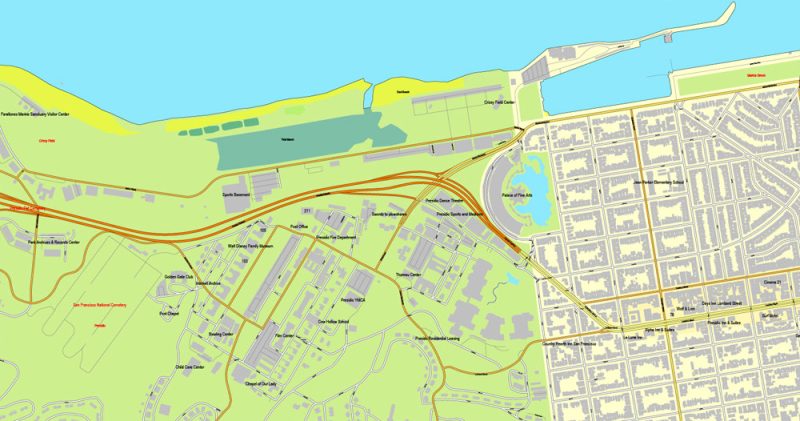 Vector Map San Francisco, California, US, vector map Adobe Illustrator editable City Plan V3-2016.08, full vector, scalable, editable, text format street names, 26 mb ZIP