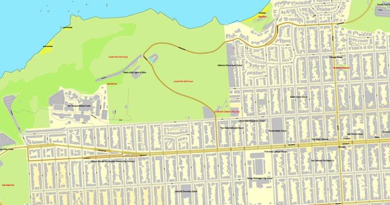 Vector Map San Francisco, California, US, vector map Adobe Illustrator editable City Plan V3-2016.08, full vector, scalable, editable, text format street names, 26 mb ZIP