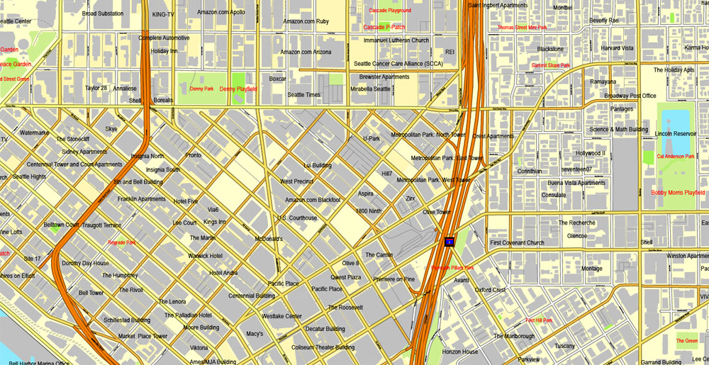 Vector Map Seattle, Washington, US, vector map Adobe Illustrator editable 3 parts City Plan V3-2016.08, full vector, scalable, editable, text format street names, 51 mb ZIP