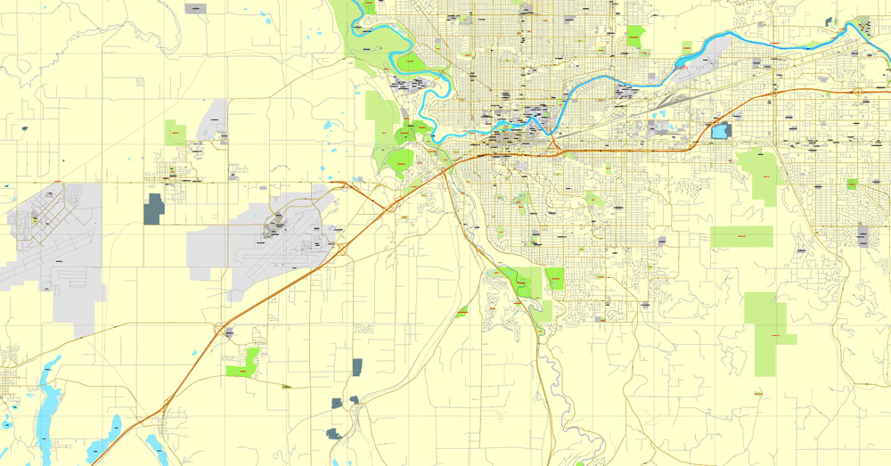 Spokane, Washington, US, exact printable vector street City Plan map V.3.09, full editable, Adobe PDF