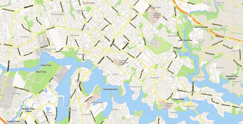Vector Map Sydney, Australia, printable vector map street City Plan V.3.08.2016 full editable, Adobe Illustrator, full vector, scalable, editable text format street names, 8 mb ZIP