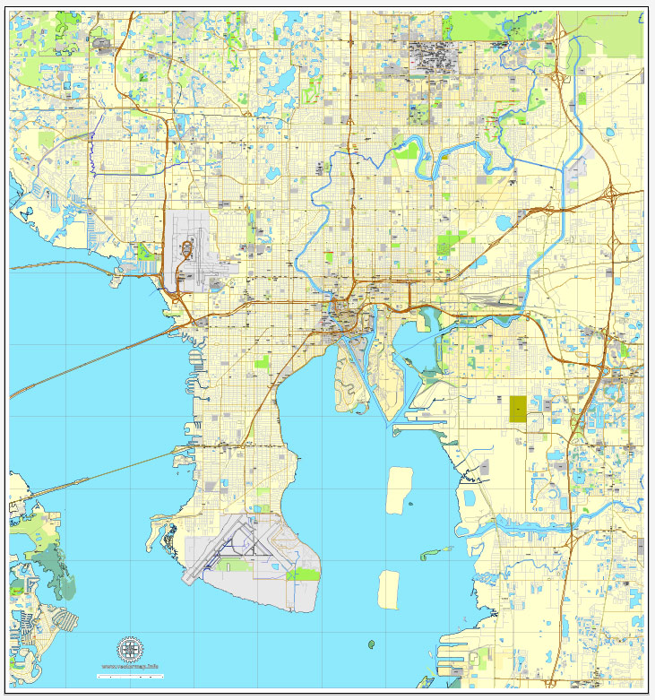 Vector Map Tampa, Florida, US, vector map Adobe Illustrator editable City Plan V3-2016.08, full vector, scalable, editable, text format street names, 9 mb ZIP
