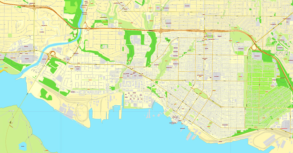 Vector map Vancouver exact map V.3.08: Printable City Plan Map in 4 parts of Greater Vancouver, Canada, Adobe Illustrator, full vector, scalable, editable, separated text layer street names, 29 mb ZIP