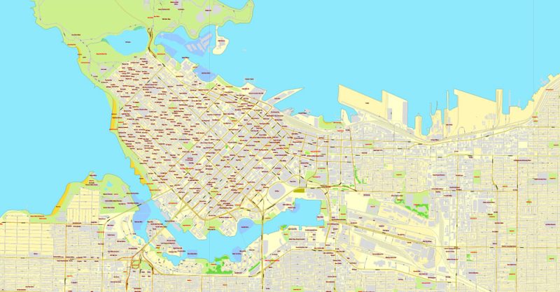 Vector map Vancouver exact map V.3.08: Printable City Plan Map in 4 parts of Greater Vancouver, Canada, Adobe Illustrator, full vector, scalable, editable, separated text layer street names, 29 mb ZIP