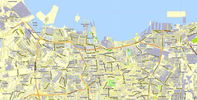 Printable Map Jakarta Grande, Indonesia, exact vector map G-View level 13 (2.000 meters) street City Plan full editable, Adobe Illustrator, full vector, scalable, editable text format street names, 11 mb ZIP