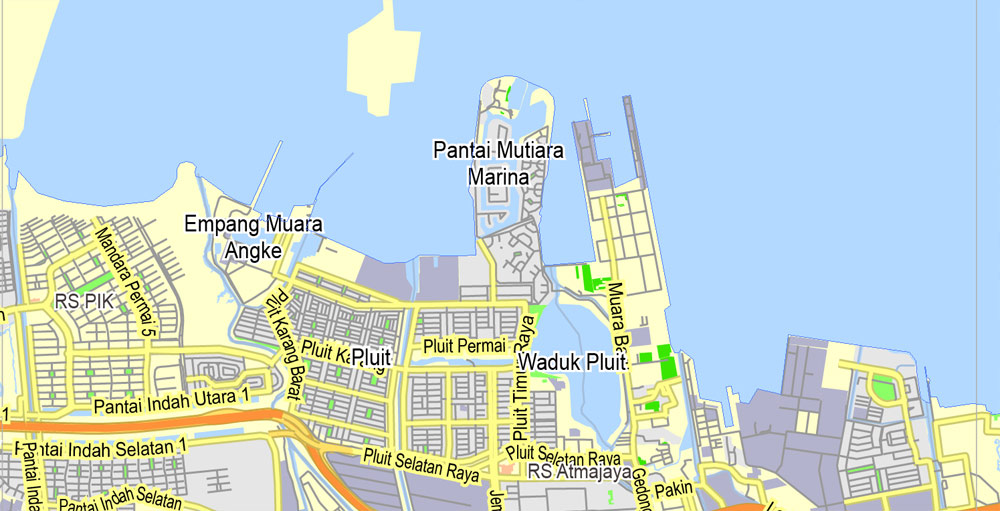 Printable Map Jakarta Grande, Indonesia, exact vector map G-View level 13 (2.000 meters) street City Plan full editable, Adobe Illustrator, full vector, scalable, editable text format street names, 11 mb ZIP