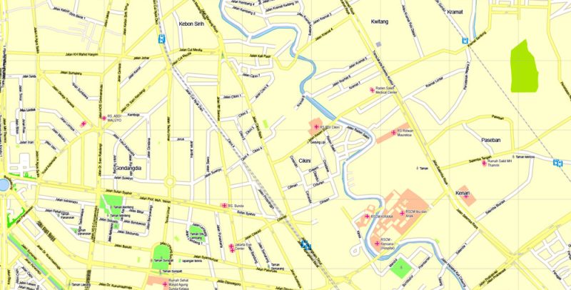 Printable Map Jakarta, Indonesia, exact vector map G-View level 16 (250 meters) street City Plan full editable, Adobe Illustrator, full vector, scalable, editable text format street names, 19 mb ZIP