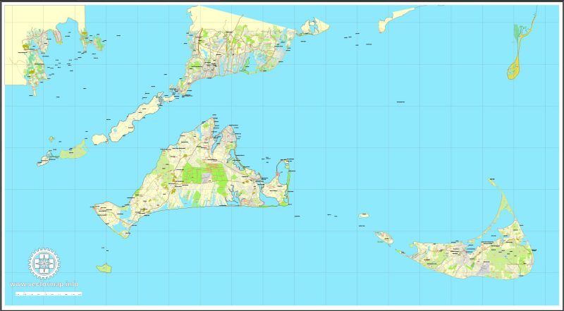 Printable map Nantucket and Martha's Vineyard Islands, Massachusetts, US, printable vector map street City Plan V.3.09 full editable, Adobe Illustrator, full vector, scalable, editable text format street names, 14 mb ZIP