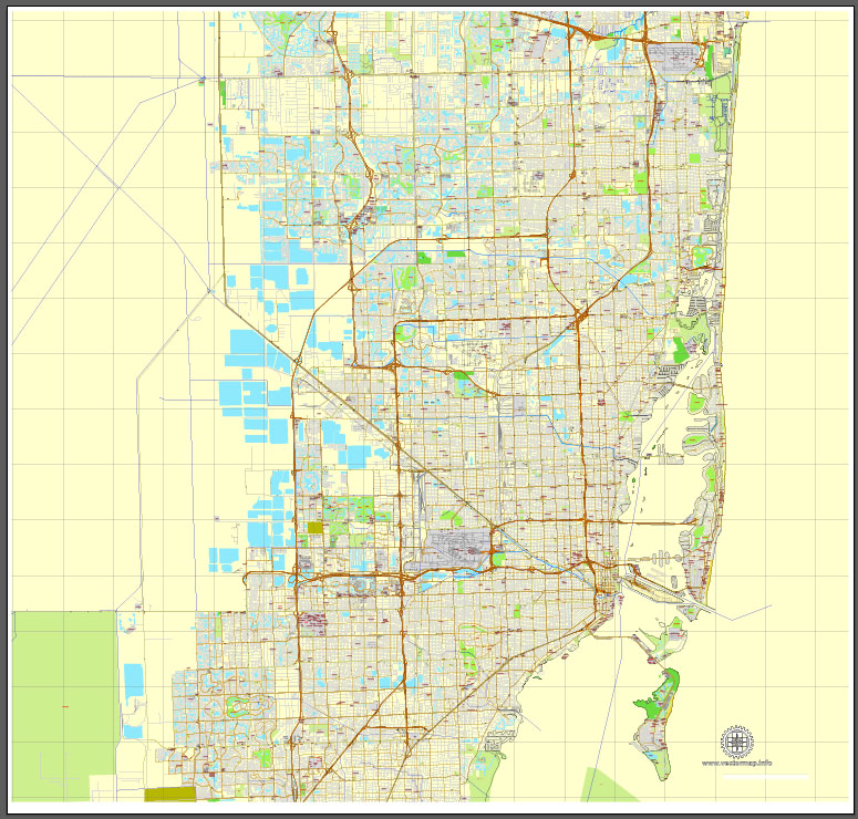 miami, florida, us, exact vector street city plan map v3