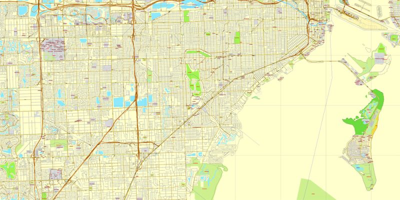 Miami, Florida, US, exact vector street City Plan map V3.09, full editable, All Versions, full vector
