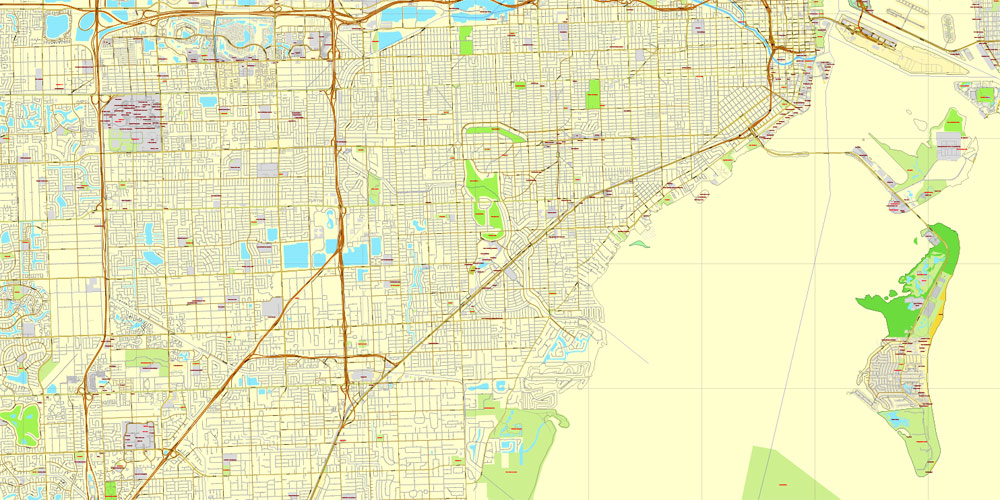 Miami, Florida, US, exact vector street City Plan map V3.09, full editable, All Versions, full vector