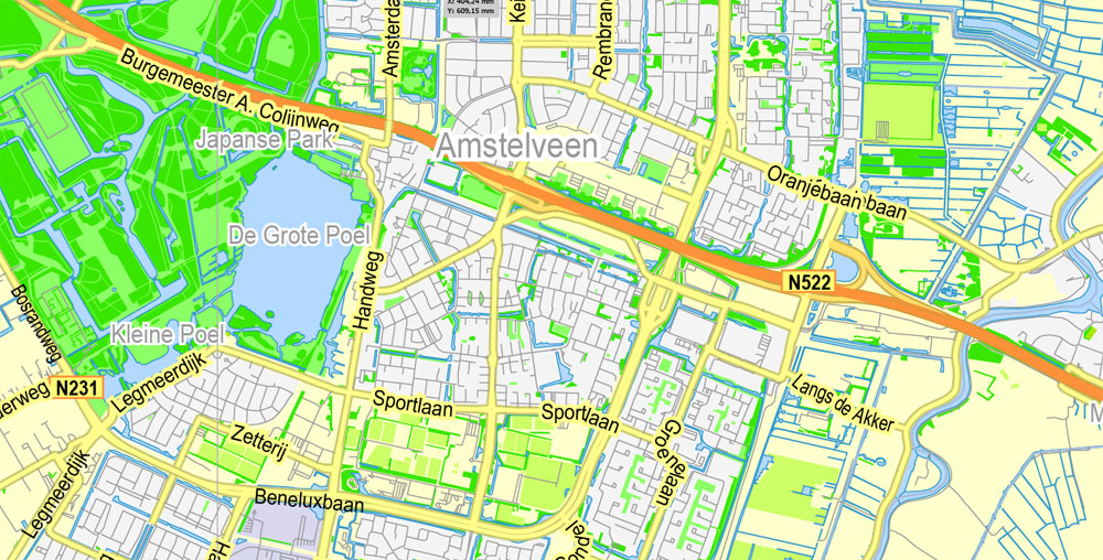 Printable Map Amsterdam, Netherlands, printable vector map Adobe Illustrator editable City Plan G-View Level 13 (2.000 m) V3.09, full vector, scalable, editable, text format street names, 6 mb ZIP