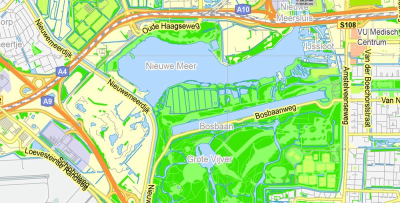 Printable Map Amsterdam, Netherlands, printable vector map Adobe Illustrator editable City Plan G-View Level 13 (2.000 m) V3.09, full vector, scalable, editable, text format street names, 6 mb ZIP