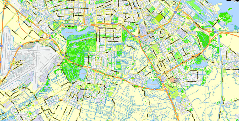 Amsterdam Netherlands printable vector map Adobe Illustrator editable City Plan G-View Level 13 (2.000 m) V3.09, full vector