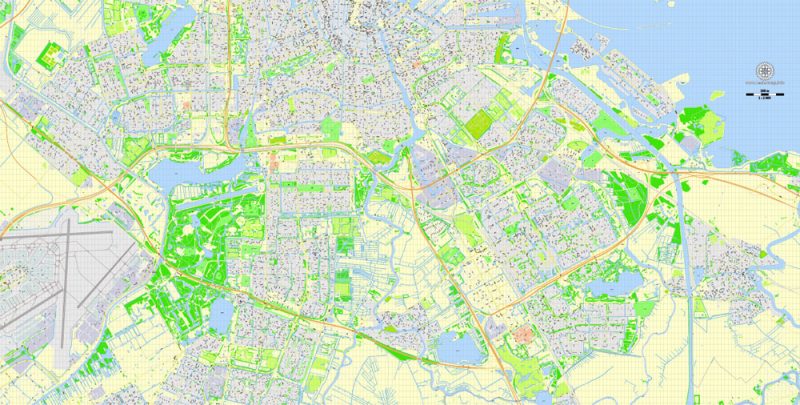 Printable Map Amsterdam, Netherlands, vector map Adobe Illustrator editable City Plan G-View Level 17 (100 m) V3.09, full vector, scalable, editable, text format street names, 20 mb ZIP