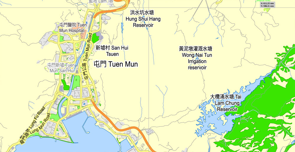 Printable Map Hong Kong - Shenzhen, China, exact vector map Adobe Illustrator editable City Plan G-View Level 13 (2.000 meters scale) V3.09, full vector, scalable, editable, text format street names, 7 mb ZIP