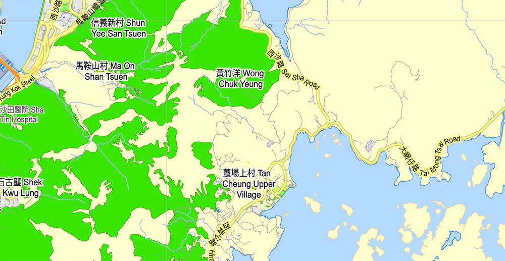Printable Map Hong Kong - Shenzhen, China, exact vector map Adobe Illustrator editable City Plan G-View Level 13 (2.000 meters scale) V3.09, full vector, scalable, editable, text format street names, 7 mb ZIP