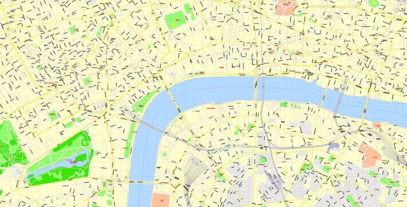 Printable Detailed Map London Center, England UK, exact vector map Adobe Illustrator editable City Plan G-View Level 17 (100 meters scale) V3.09, full vector, scalable, editable, text format street names, 16 mb ZIP