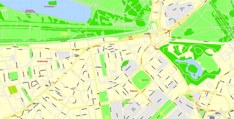 Printable Detailed Map London Center, England UK, exact vector map Adobe Illustrator editable City Plan G-View Level 17 (100 meters scale) V3.09, full vector, scalable, editable, text format street names, 16 mb ZIP