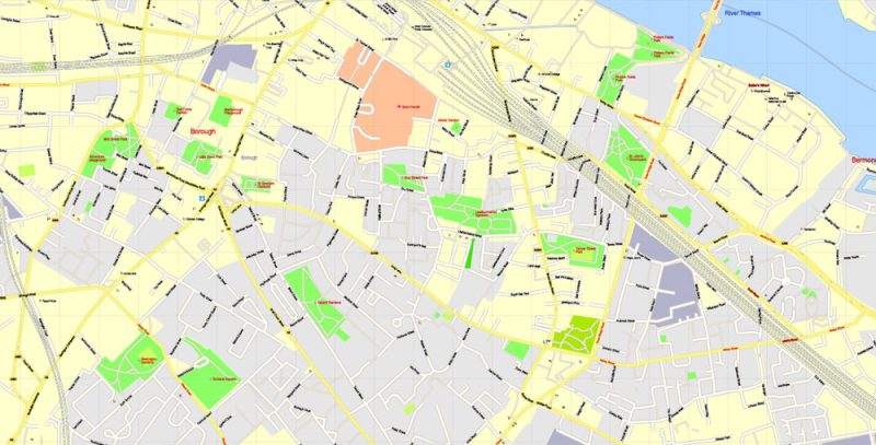 Printable Detailed Map London Center, England UK, exact vector map Adobe Illustrator editable City Plan G-View Level 17 (100 meters scale) V3.09, full vector, scalable, editable, text format street names, 16 mb ZIP