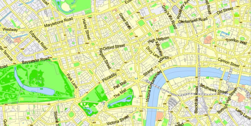 Printable Map Greater London, England UK, vector map Adobe Illustrator editable City Plan G-View Level 13 (2.000 m) V3.09, full vector, scalable, editable, text format street names, 24 mb ZIP