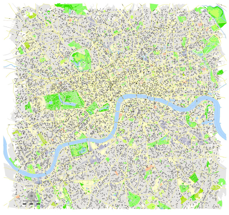 Printable Map London Center, England UK, vector map Adobe Illustrator editable City Plan G-View Level 16 (250 meters scale) V3.09, full vector, scalable, editable, text format street names, 13 mb ZIP