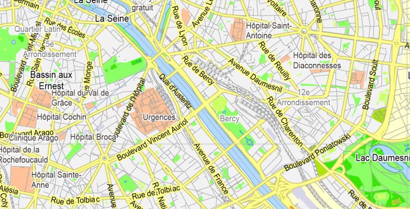 Printable Map Paris Grande Map, France, vector map Adobe Illustrator editable City Plan G-View Level 13 (2.000 meters scale) V3.09, full vector, scalable, editable, text format street names, 6 mb ZIP