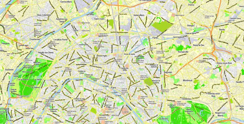 Printable Map Paris Grande Map, France, vector map Adobe Illustrator editable City Plan G-View Level 13 (2.000 meters scale) V3.09, full vector, scalable, editable, text format street names, 6 mb ZIP