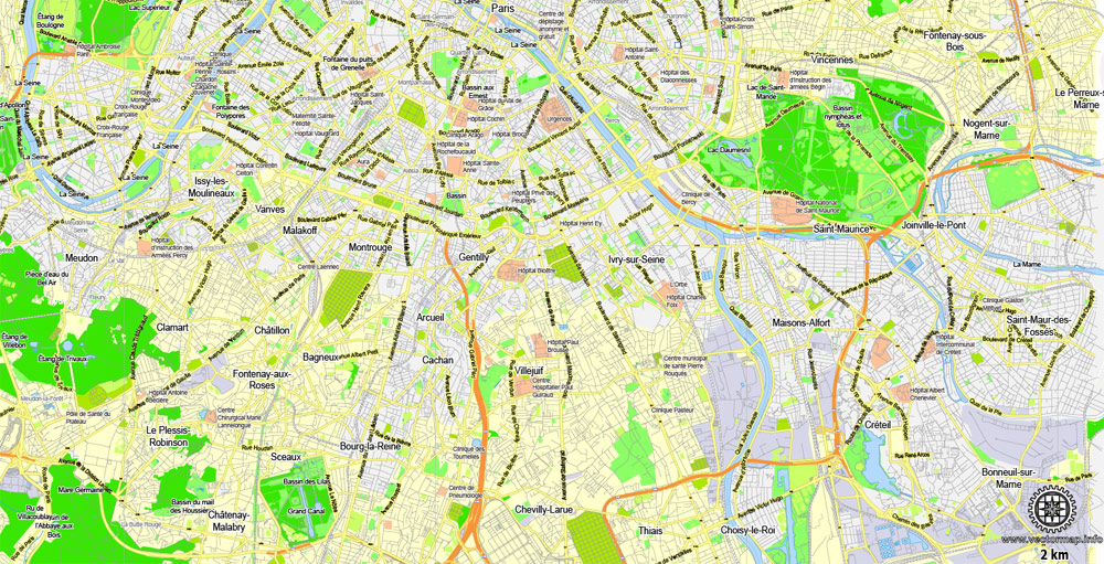 Paris Grande Map, France, printable vector map Adobe PDF editable City Plan G-View Level 13 (2.000 meters scale) V3.09, full vector