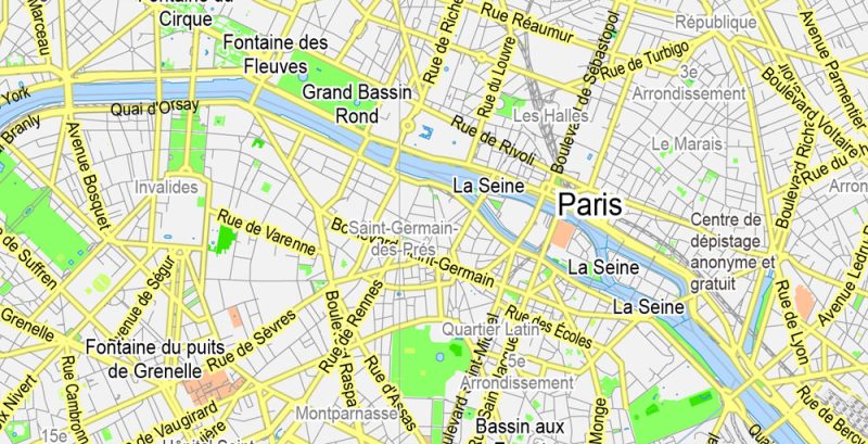 Printable Map Paris Grande Map, France, vector map Adobe Illustrator editable City Plan G-View Level 13 (2.000 meters scale) V3.09, full vector, scalable, editable, text format street names, 6 mb ZIP