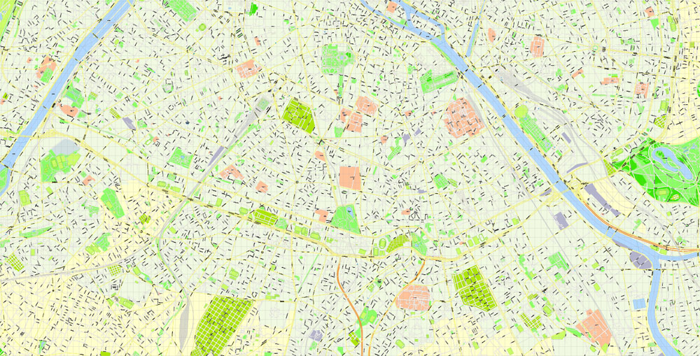 Printable Map Paris, France, exact vector map Adobe Illustrator editable City Plan G-View Level 17 (100 meters scale) V3.09, full vector, scalable, editable, text format street names, 16 mb ZIP